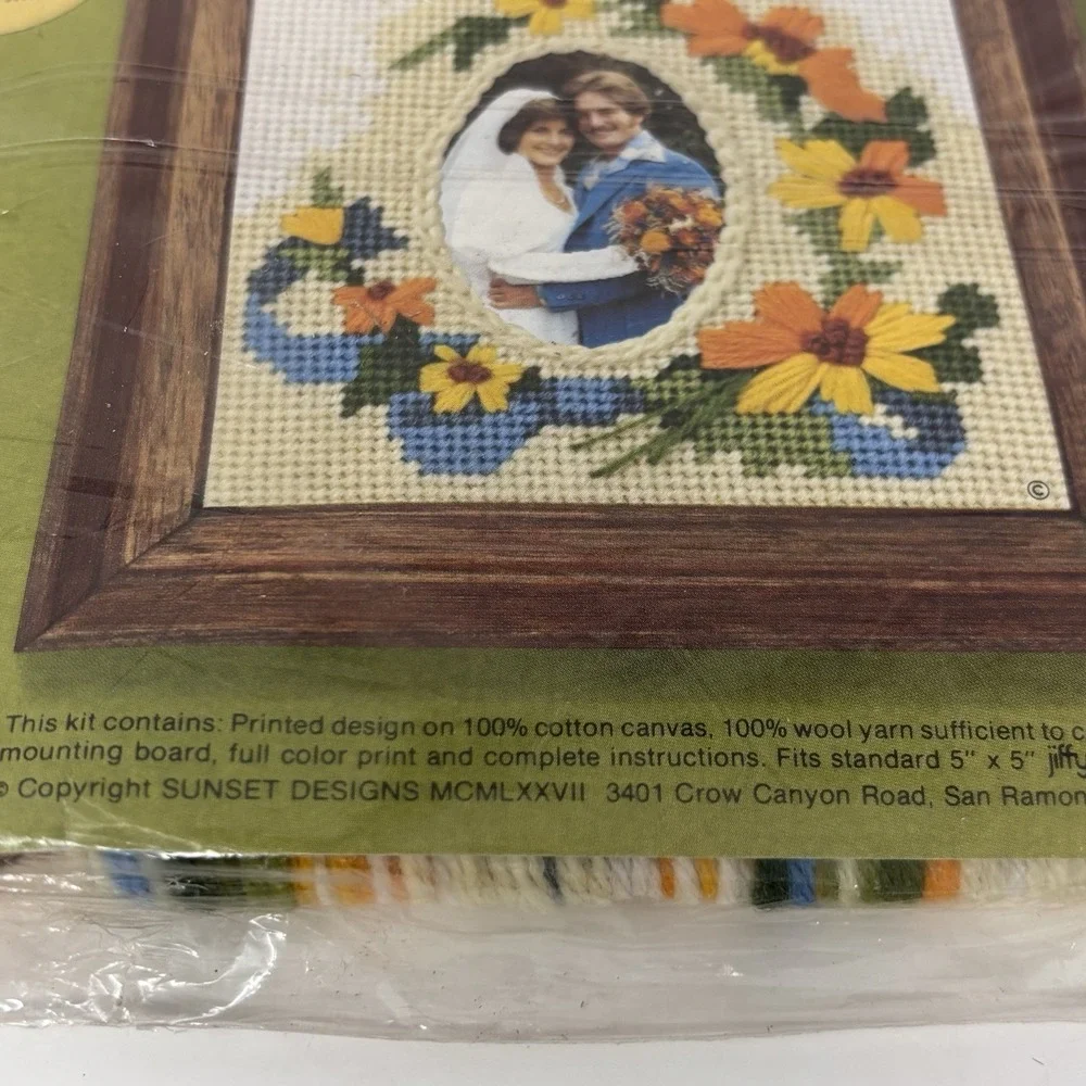 Vintage Sunset Jiffy Needlepoint Wedding & Daisies Photo Frame Kit #5614 NOS
